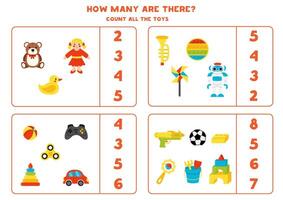 Count all cartoon cute toys and circle the correct answers. vector