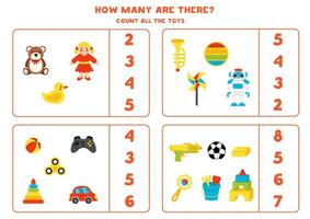 Count all cartoon cute toys and circle the correct answers. vector