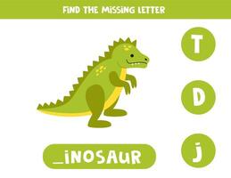 Find missing letter with cartoon dinosaur. Spelling worksheet. vector