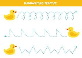Tracing lines with cute cartoon rubber duck. Writing practice. vector
