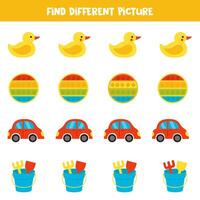 Find different cartoon cute toy in each row. Logical game for preschool kids. vector