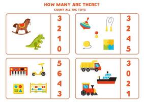 Count all cartoon cute toys and circle the correct answers. vector