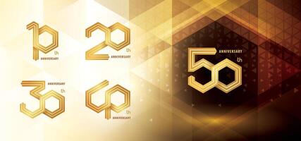 Set of 10 to 50 years Anniversary logotype design, Ten to Fifty years anniversary celebration. Abstract Hexagon Infinity Three Lines logo, 10,20,30,40,50 Years Logo golden for celebrate event vector