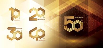 Set of 10 to 50 years Anniversary logotype design, Ten to Fifty years anniversary celebration. Abstract Hexagon Infinity multiple lines logo, 10,20,30,40,50 Years Logo golden for celebrate event vector