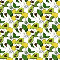 Ripe, juicy avocado and lemon with leaves, seamless geometric pattern. Hand drawn doodle style. Design for printing on fabrics, holiday and confectionery packaging vector