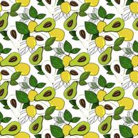 Ripe, juicy avocado and lemon with leaves, seamless geometric pattern. Hand drawn doodle style. Design for printing on fabrics, holiday and confectionery packaging vector