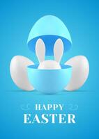 Happy Easter surprise 3d greeting card bunny hiding in open painted egg half design template realistic illustration vector