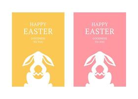 Easter bunny long ears holding ornamental chicken egg greeting card set design template flat vector
