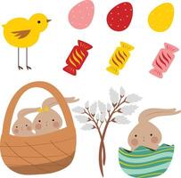 Easter set with bunny, eggs and bird vector