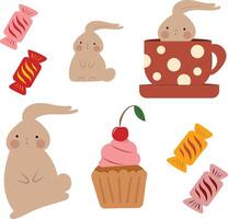 Set with bunny, candy and cake vector