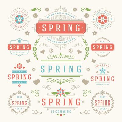 Spring typography labels and badges design set vintage style templates.