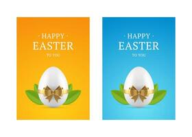 Easter chicken egg golden bow ribbon present 3d greeting card set design template realistic vector