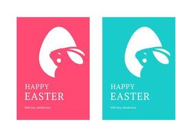 Easter bunny long ears chicken egg greeting card set design template flat illustration vector