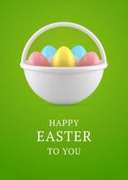 Happy Easter 3d greeting card basket full of colored painted chicken eggs design template realistic illustration vector