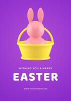 Happy Easter rabbit in festive basket surprise 3d greeting card design template realistic vector