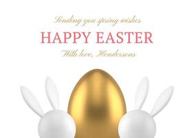 Happy Easter golden chicken egg rabbit bauble 3d greeting card design template realistic vector