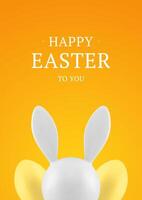 Easter yellow 3d greeting card rabbit long ears painted chicken egg design template realistic vector