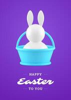 Happy Easter bunny blue basket 3d greeting card design template realistic illustration vector