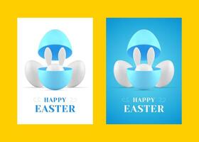 Happy Easter rabbit hiding in chicken egg half 3d greeting card set design template realistic vector