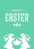 Happy Easter two bunny with basket chicken egg holiday present vintage greeting card flat vector