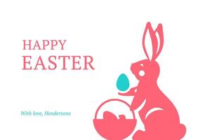 Easter bunny with basket full of painted chicken eggs greeting card design template flat vector