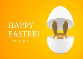 Happy Easter golden bunny hiding open chicken egg 3d greeting card design template realistic vector