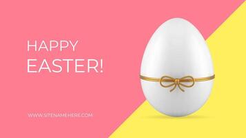 Happy Easter chicken egg with golden bow festive 3d banner template design realistic vector