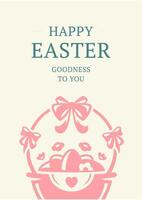 Easter celebration pink basket chicken eggs vintage greeting card design template flat vector