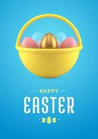 Easter 3d greeting card basket full of painted chicken eggs design template realistic illustration vector