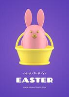 Easter rabbit character bauble in basket 3d greeting card design template realistic vector