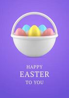 Happy Easter 3d greeting card basket full of painted chicken eggs design template realistic vector