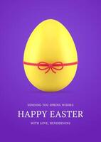 Happy Easter yellow chicken egg tied by ribbon bow 3d greeting card design template realistic illustration vector
