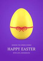 Happy Easter yellow chicken egg tied by ribbon bow 3d greeting card design template realistic illustration vector