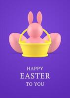 Happy Easter 3d greeting card bunny bauble in basket chicken eggs design template realistic vector