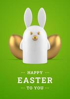 Easter bunny golden metallic chicken eggs 3d greeting card design template realistic illustration. vector