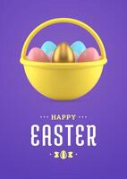 Easter 3d greeting card basket full of painted chicken eggs design template realistic vector