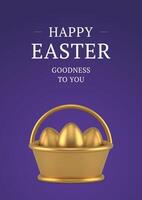 Happy Easter golden basket painted chicken eggs 3d greeting card design template realistic vector