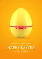 Happy Easter yellow chicken egg tied by ribbon bow 3d greeting card design template realistic vector
