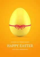 Happy Easter yellow chicken egg tied by ribbon bow 3d greeting card design template realistic vector