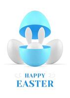 Happy Easter surprise 3d greeting card bunny hiding open egg half design template realistic vector