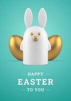 Easter bunny golden metallic chicken eggs 3d greeting card design template realistic vector