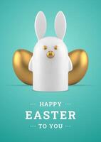 Easter bunny golden metallic chicken eggs 3d greeting card design template realistic vector