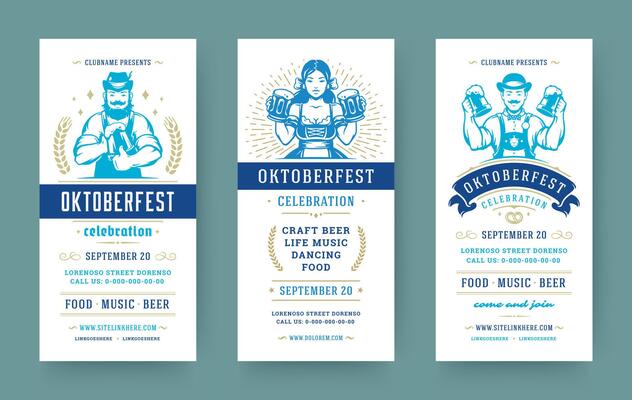 Oktoberfest flyers or banners set vintage typographic design templates illustration.