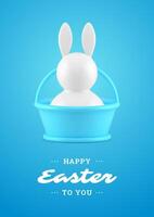 Happy Easter bunny blue basket 3d greeting card design template realistic illustration vector