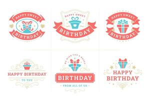 Happy birthday labels and badges set for greeting cards flat illustration vector