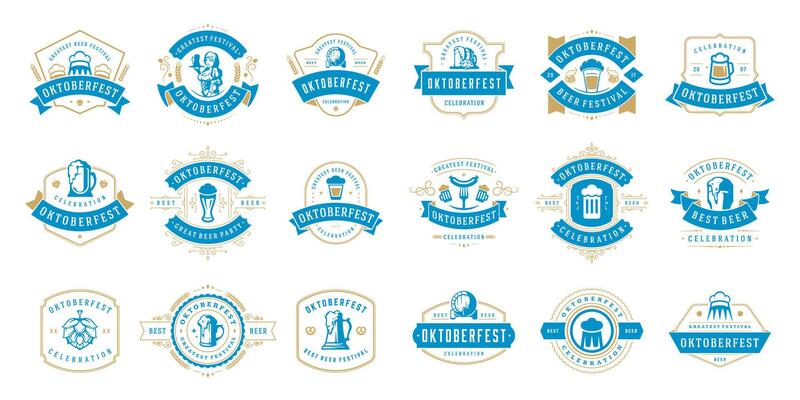 Oktoberfest badges and labels set vintage typographic design templates. Willkommen