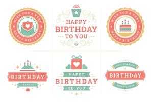 Happy birthday festive red green vintage label and badge set for greeting card design flat vector