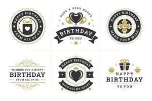 Happy birthday black luxury ornate vintage label and badge set for greeting card design flat vector