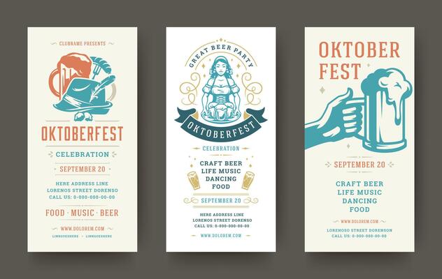 Oktoberfest flyers or banners set vintage typographic design templates illustration.