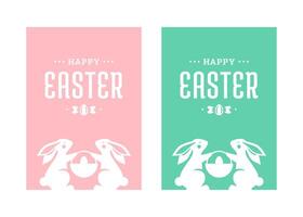 Happy Easter vintage greeting card rabbit with basket chicken egg design template set flat vector